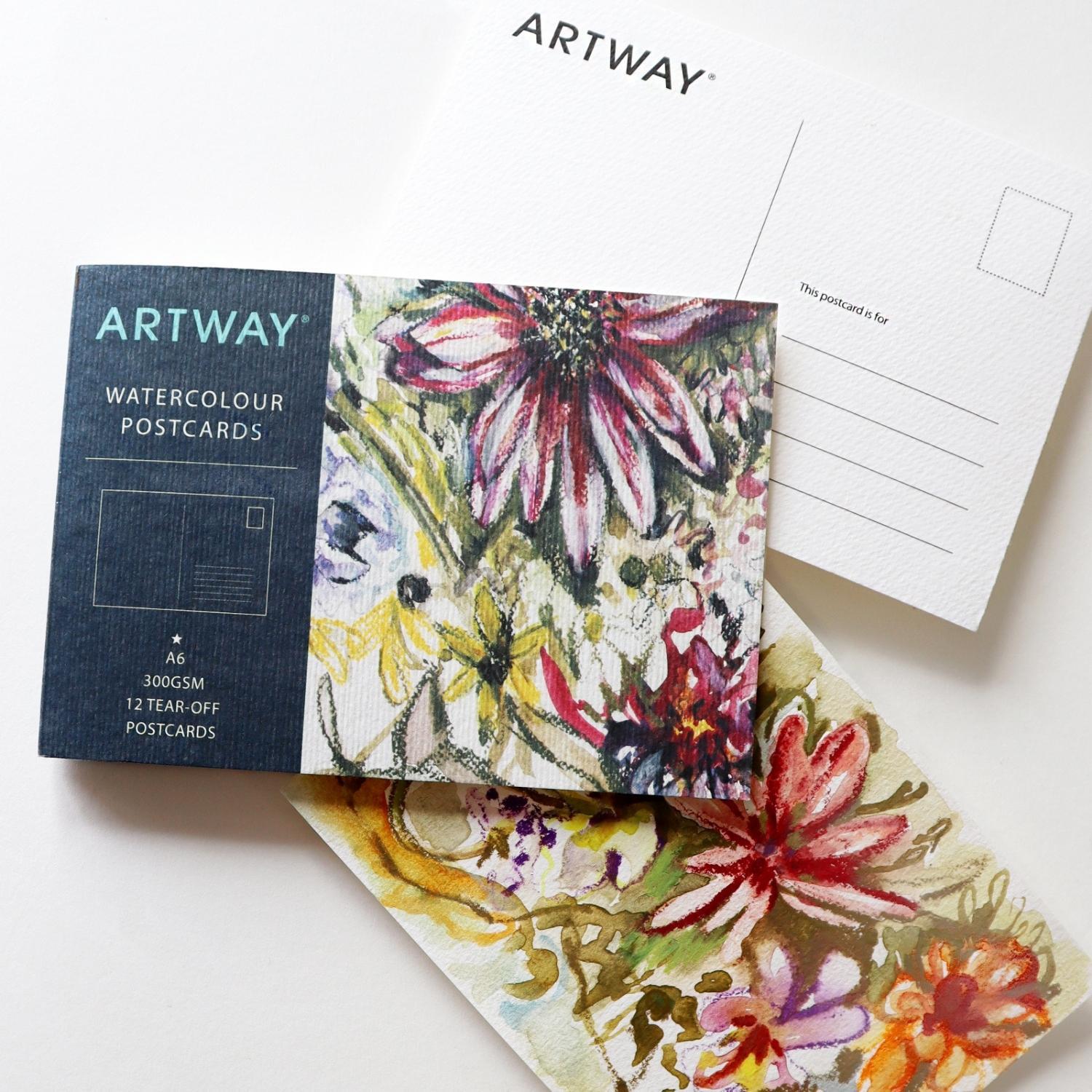 The pre-printed back of an Artway watercolour postcard, with address lines and a stamp box, next to a finished floral painting